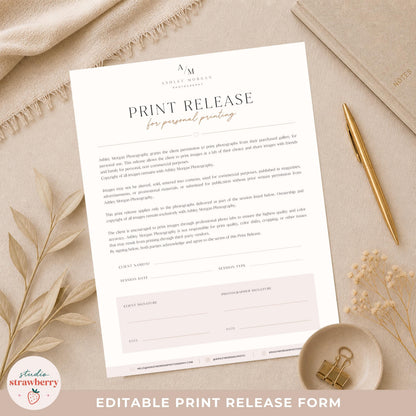 Editable photographer print release form template in Canva for photography clients