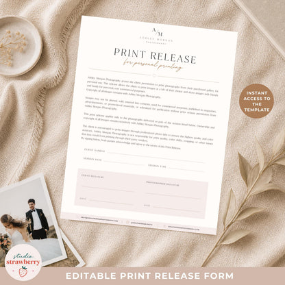 Printable photo print release for photography session clients