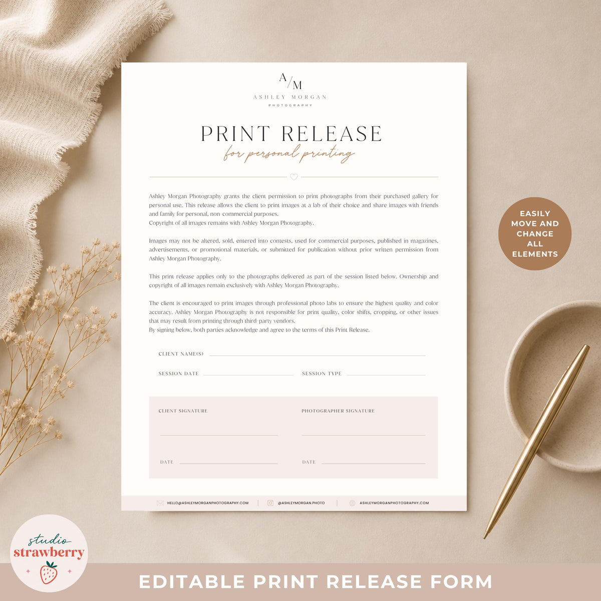 Photography session print release form for portrait photographers