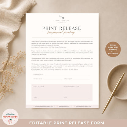 Photography session print release form for portrait photographers