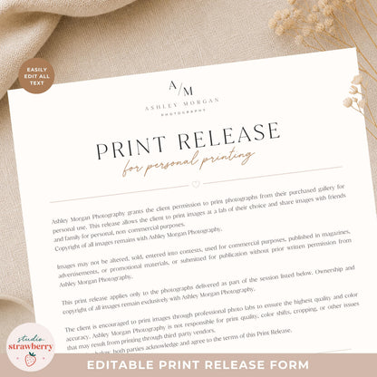 Canva print release template designed for photography businesses