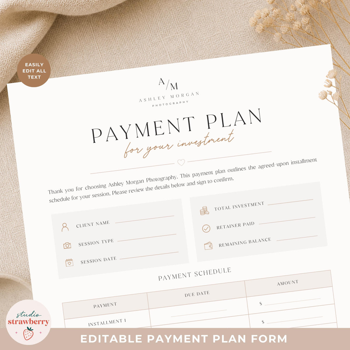 Editable payment plan template for photographers with installment schedule and signature section