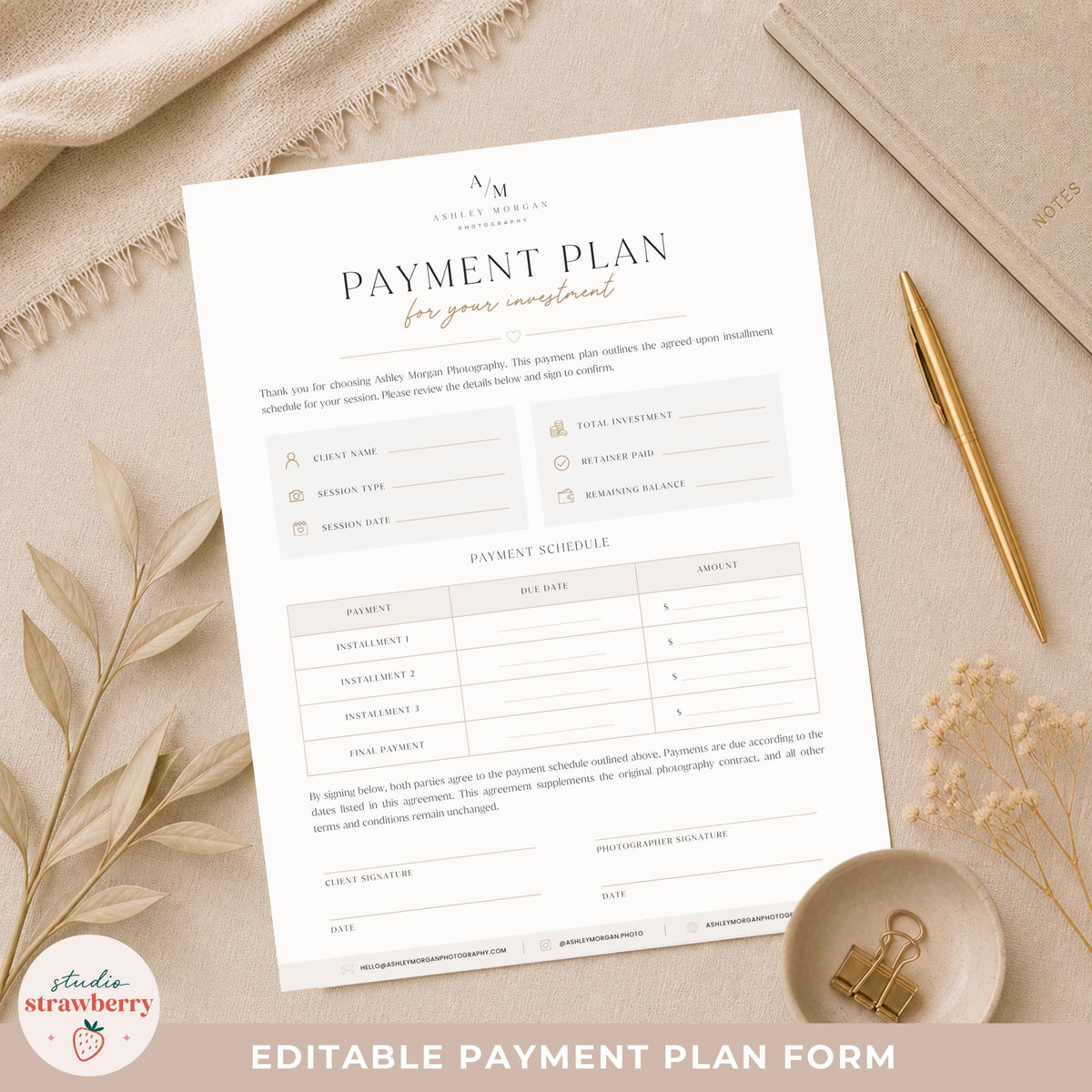 Photography installment payment form for collecting scheduled client payments