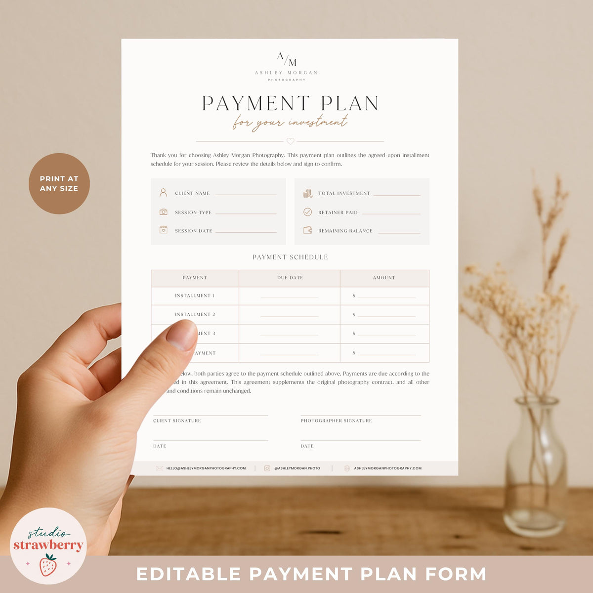 Photographer client payment agreement with payment schedule and balance tracking