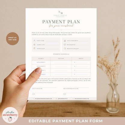 Photographer client payment agreement with payment schedule and balance tracking