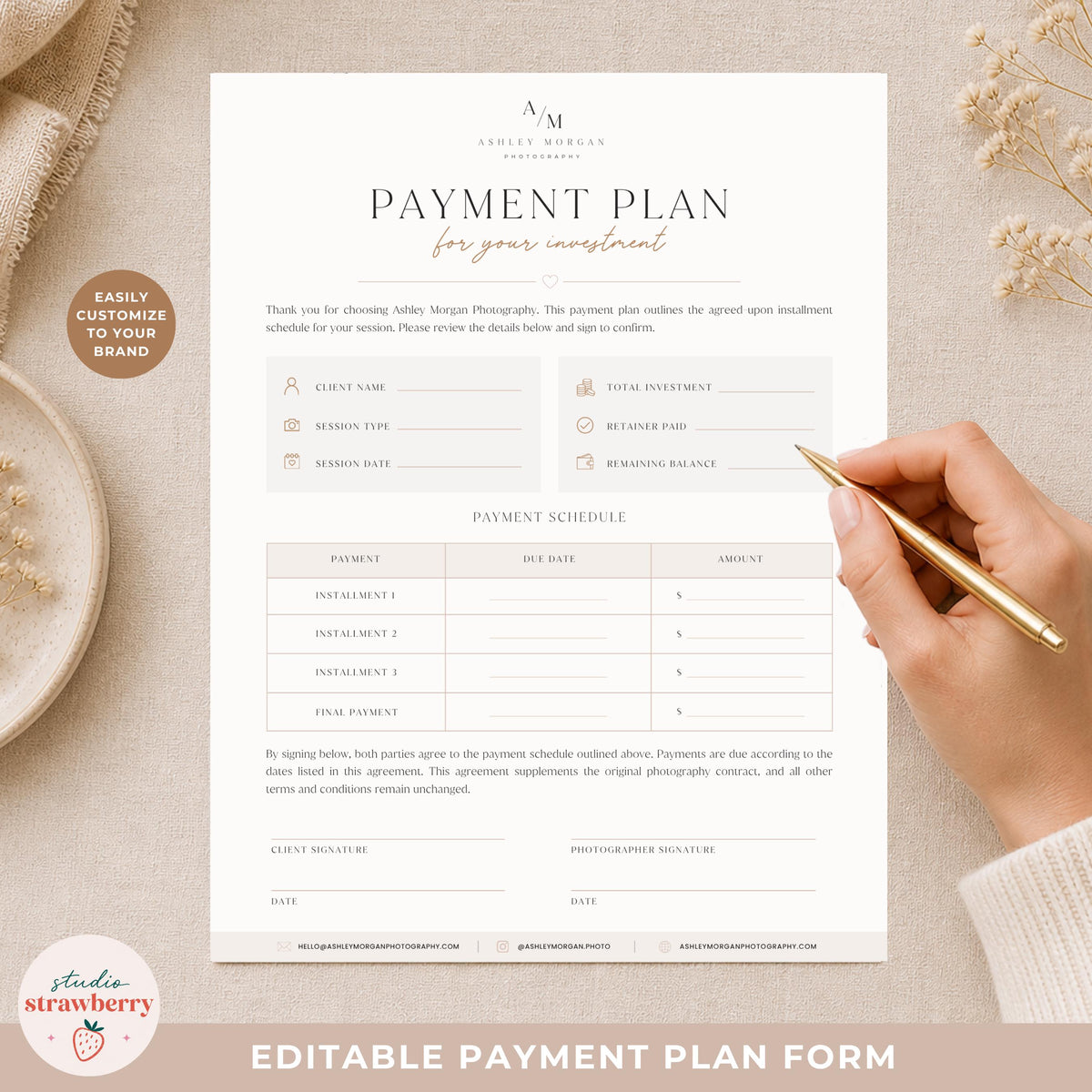 Editable payment arrangement form for photography businesses and client bookings