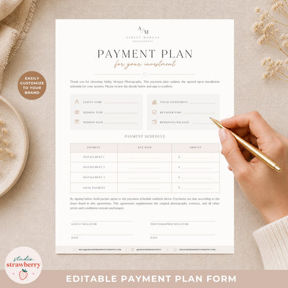 Editable payment arrangement form for photography businesses and client bookings