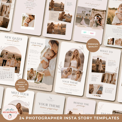 Photographer Instagram story templates in Canva with 24 editable social media designs for photography businesses.