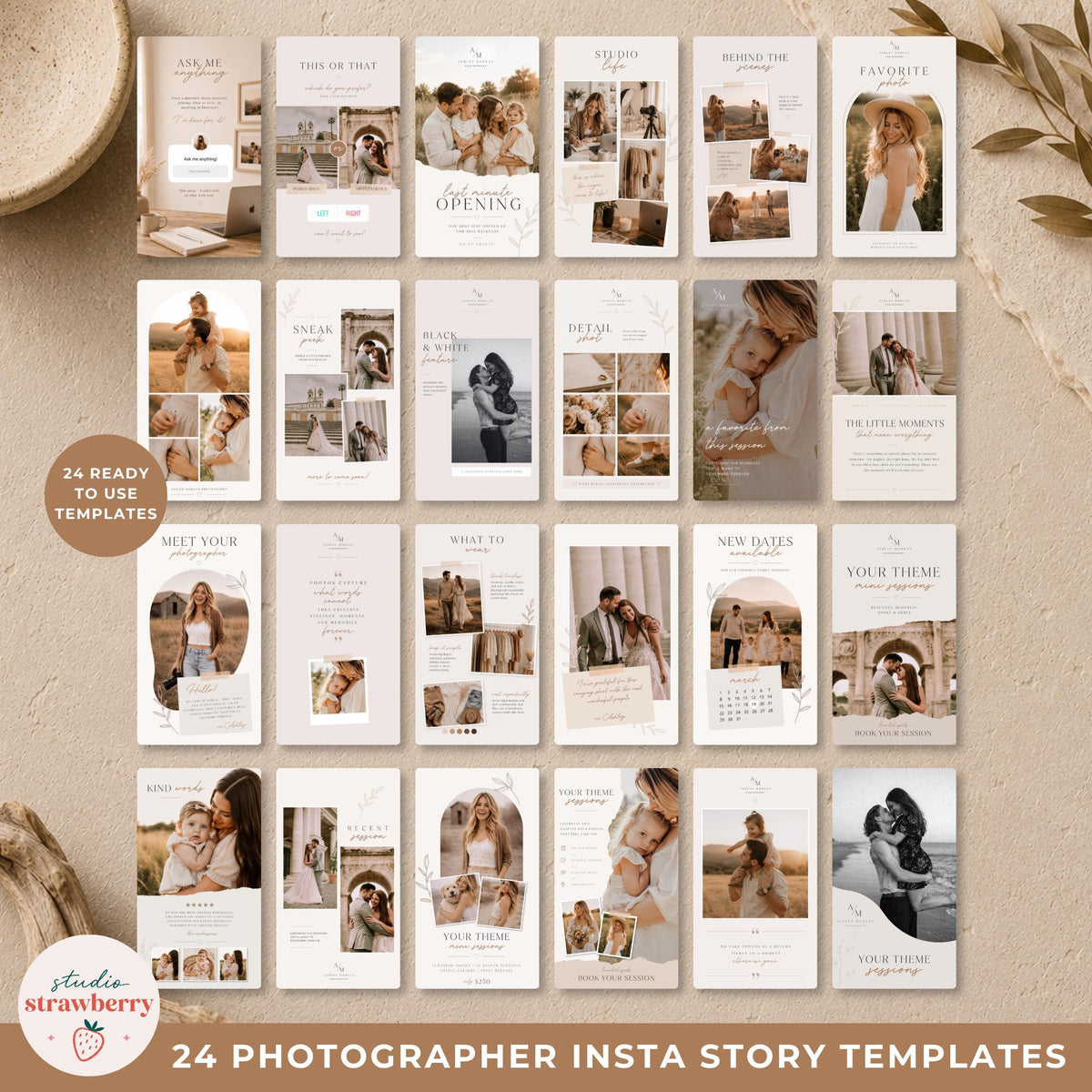 Photography Instagram story bundle with matching Canva templates for family and wedding photographers.