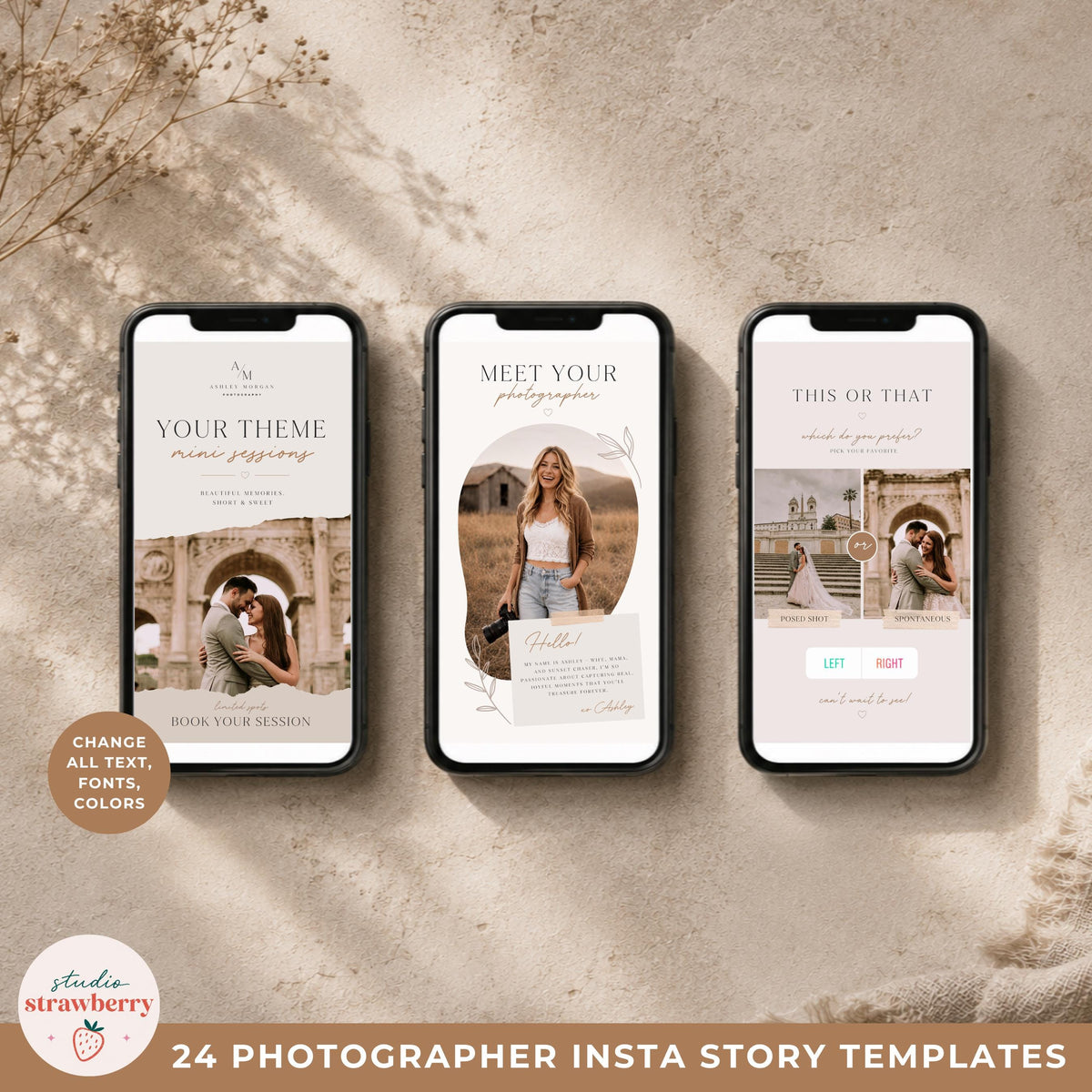 Photographer story templates displayed on iPhone mockups with elegant neutral branding.