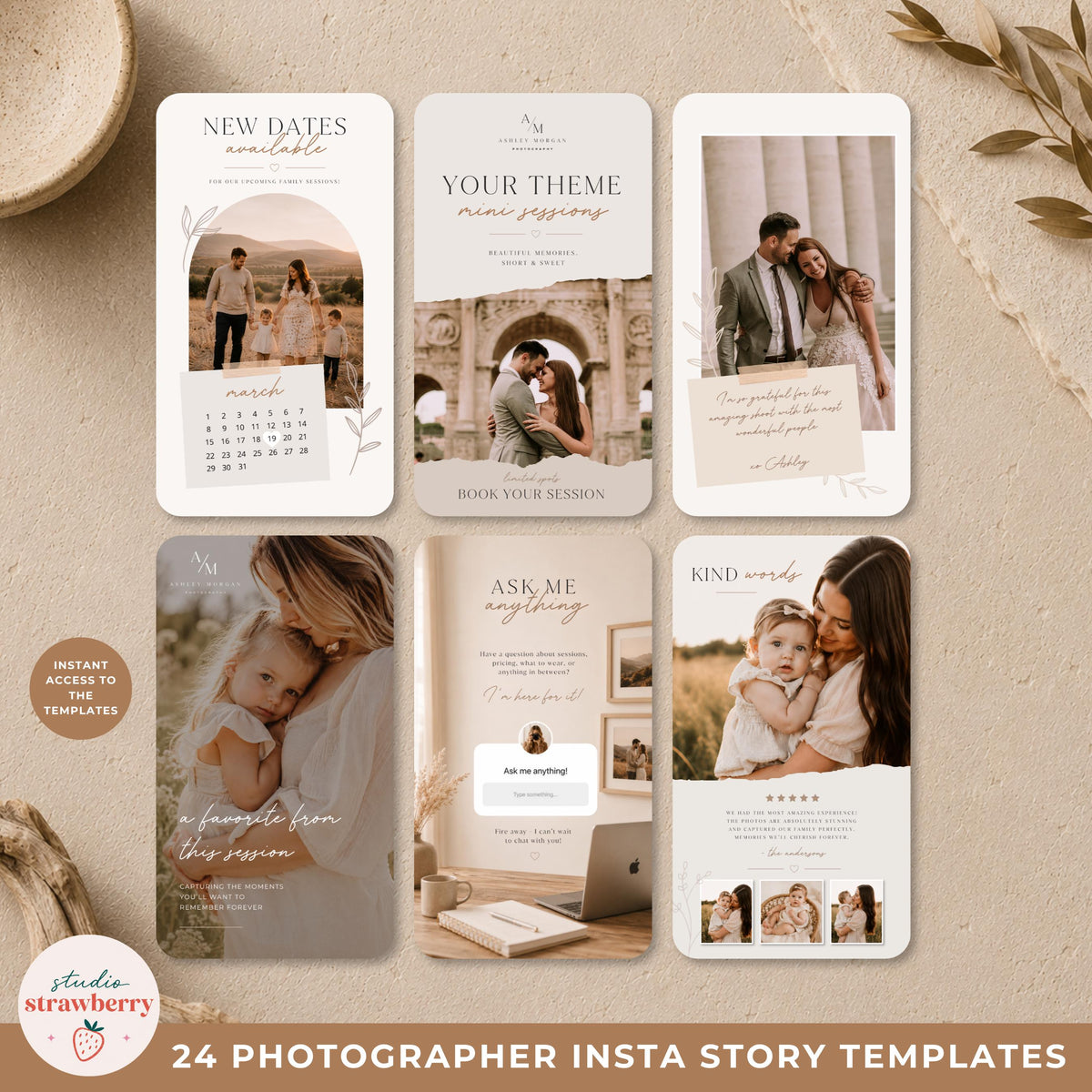 Editable photographer content templates for Canva including booking, behind the scenes and session promotions.