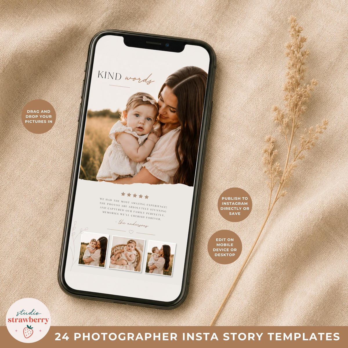 Instagram Stories for photographers with matching branding templates for social media content.