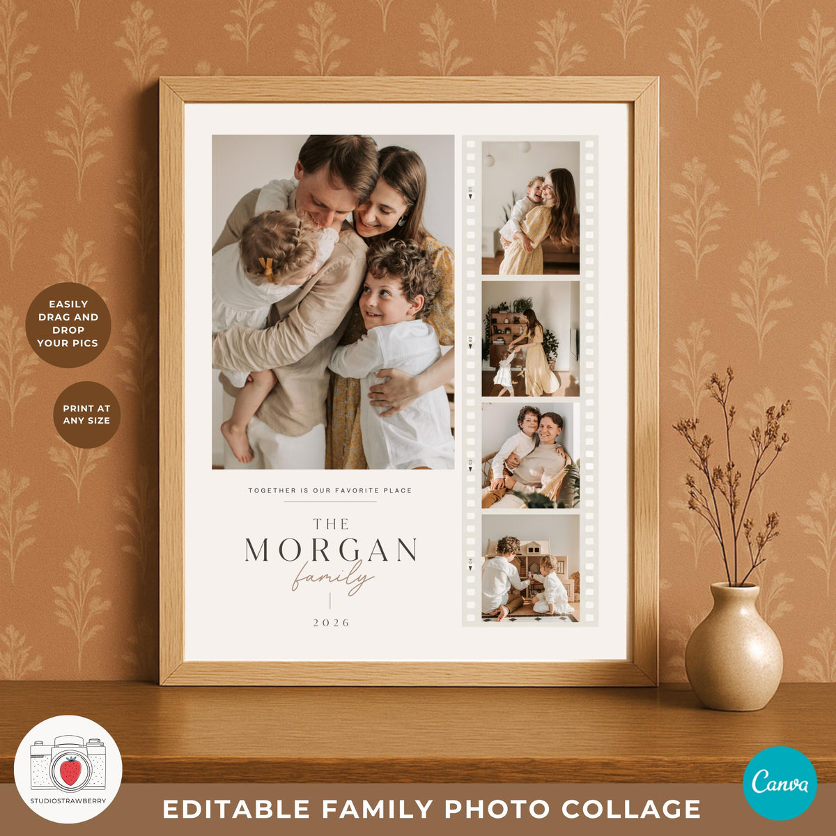 Family photo collage with film strip design for creating a personalized printable keepsake using your own family photos in Canva.