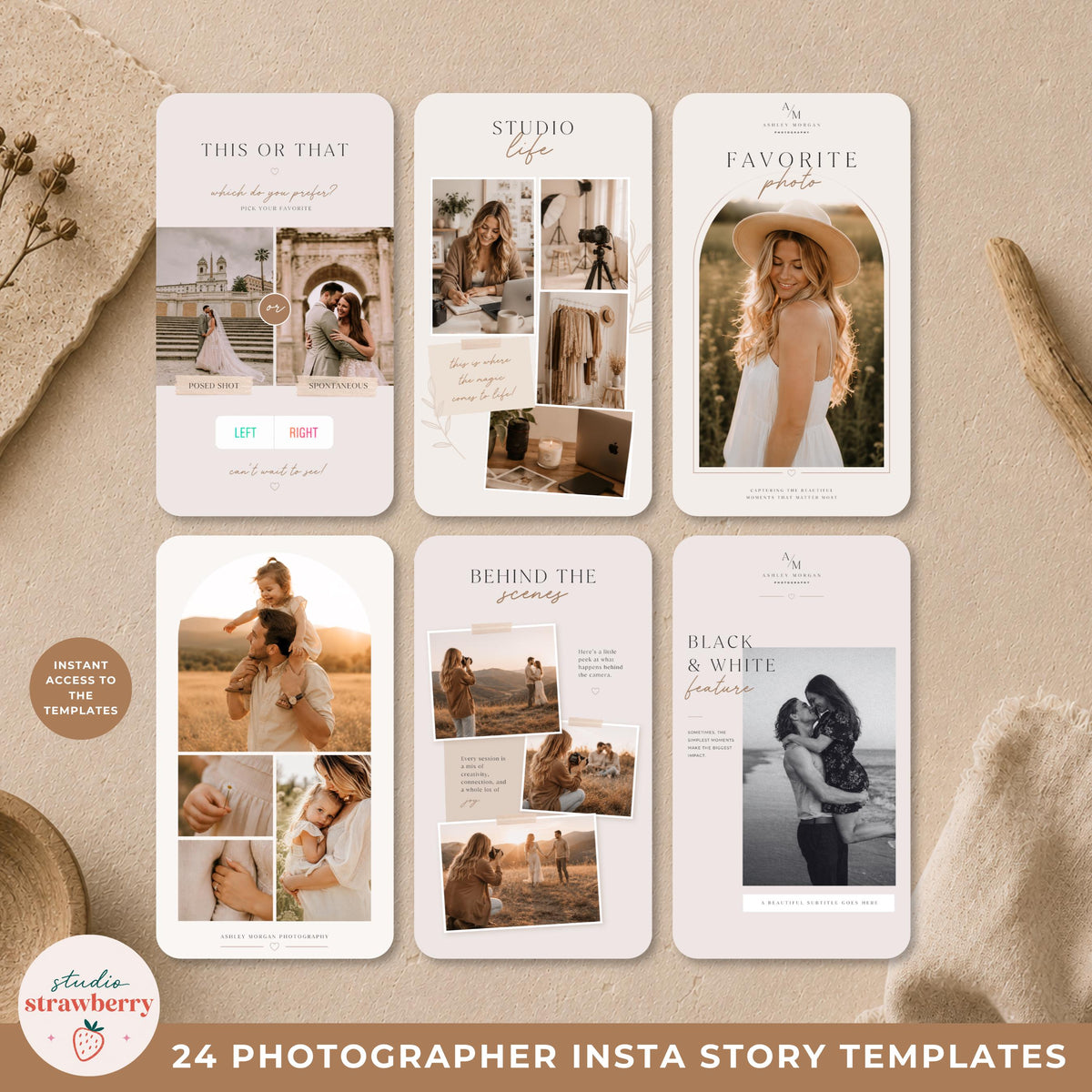 Wedding photographer Instagram stories featuring editable Canva templates for social media marketing.