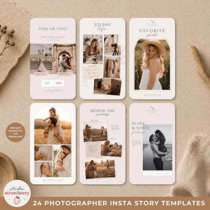 Wedding photographer Instagram stories featuring editable Canva templates for social media marketing.