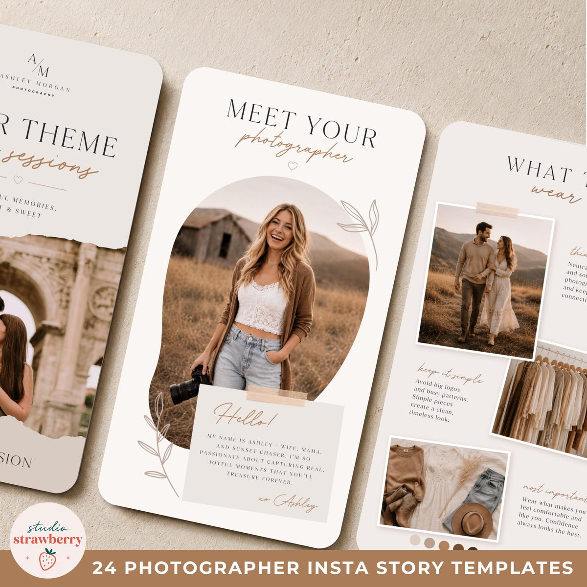 Photographer social media templates designed with a modern beige aesthetic for photography businesses.