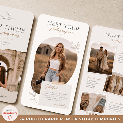 Photographer social media templates designed with a modern beige aesthetic for photography businesses.
