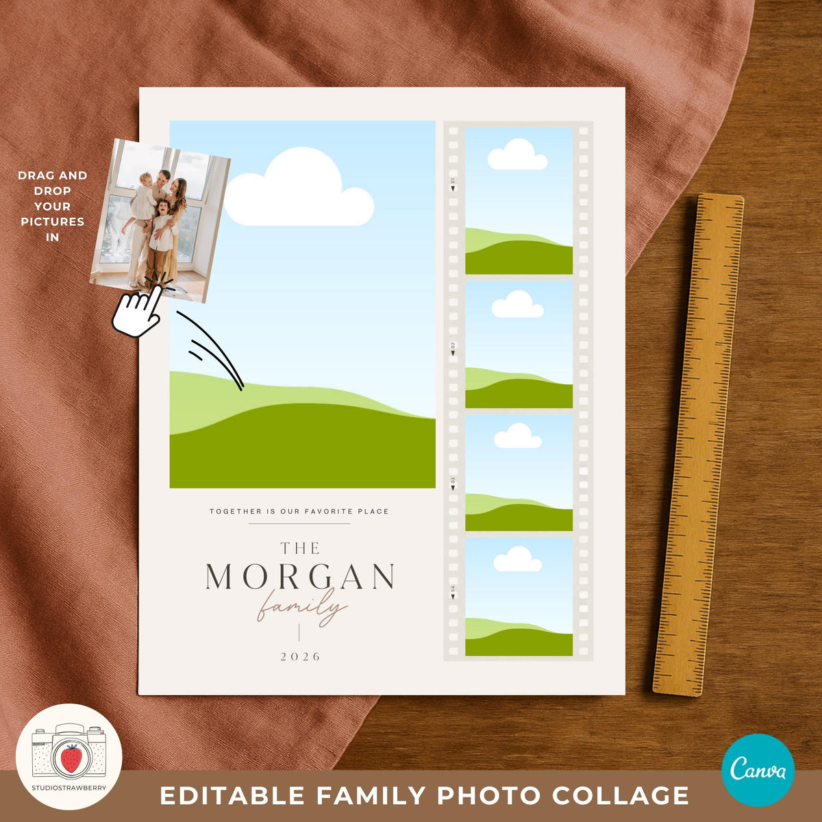 Film strip family photo collage template with editable text and photos for a timeless family memory display.
