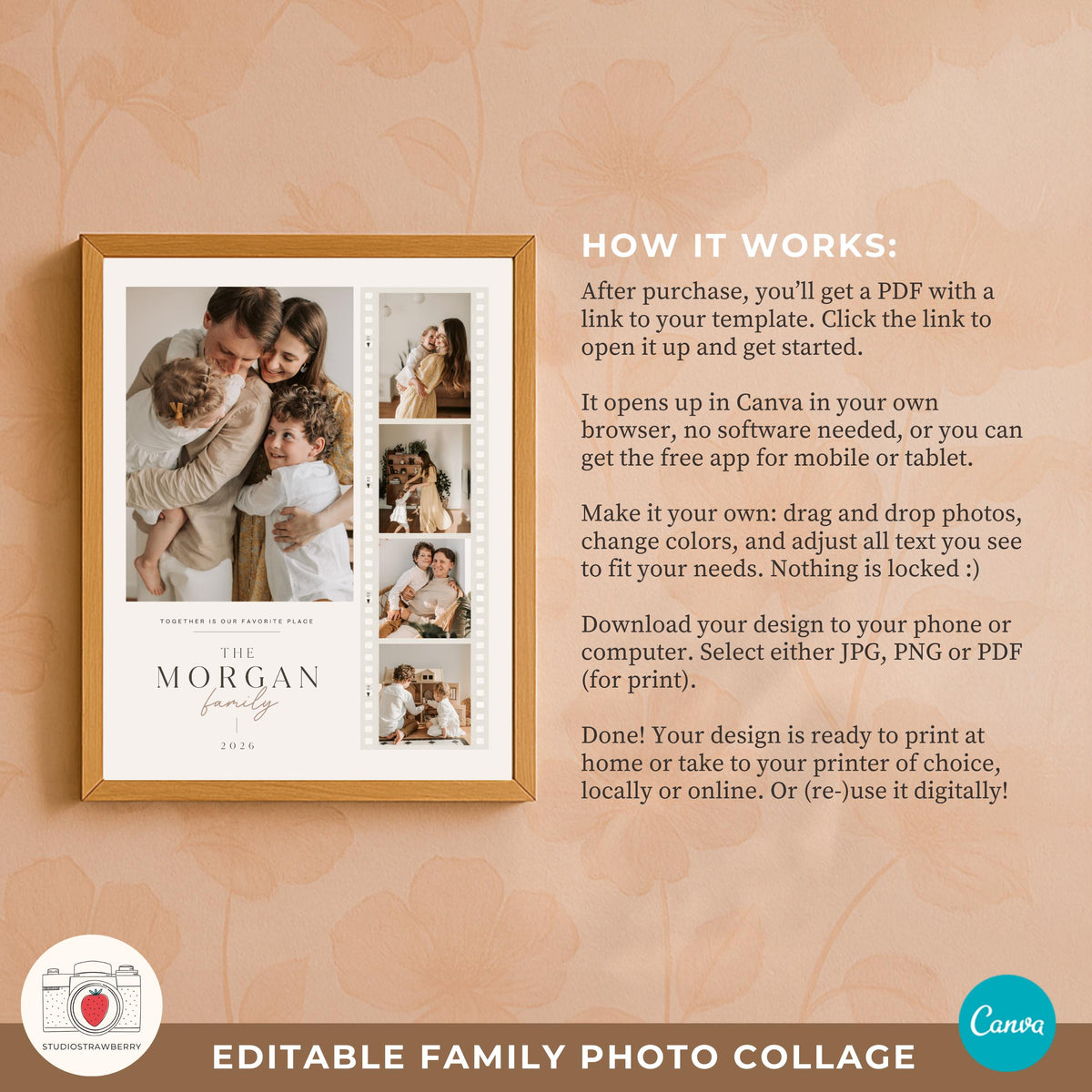 Family memory collage template for displaying favorite family moments in a modern personalized photo print.