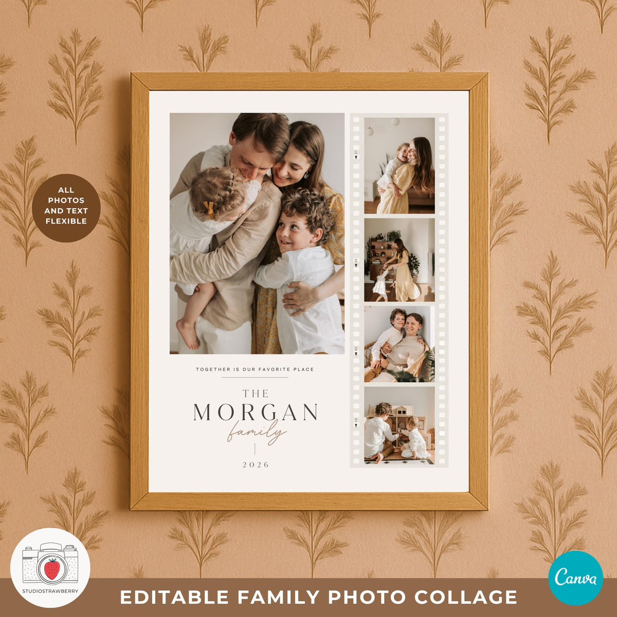 Editable family photo collage template designed for beginners who want to create custom printable family wall art.