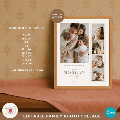 Family year in review template featuring one large family photo and a beautiful film strip photo collage layout.