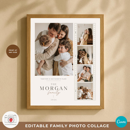 Canva family photo collage template with an elegant film strip layout for creating meaningful family keepsakes.