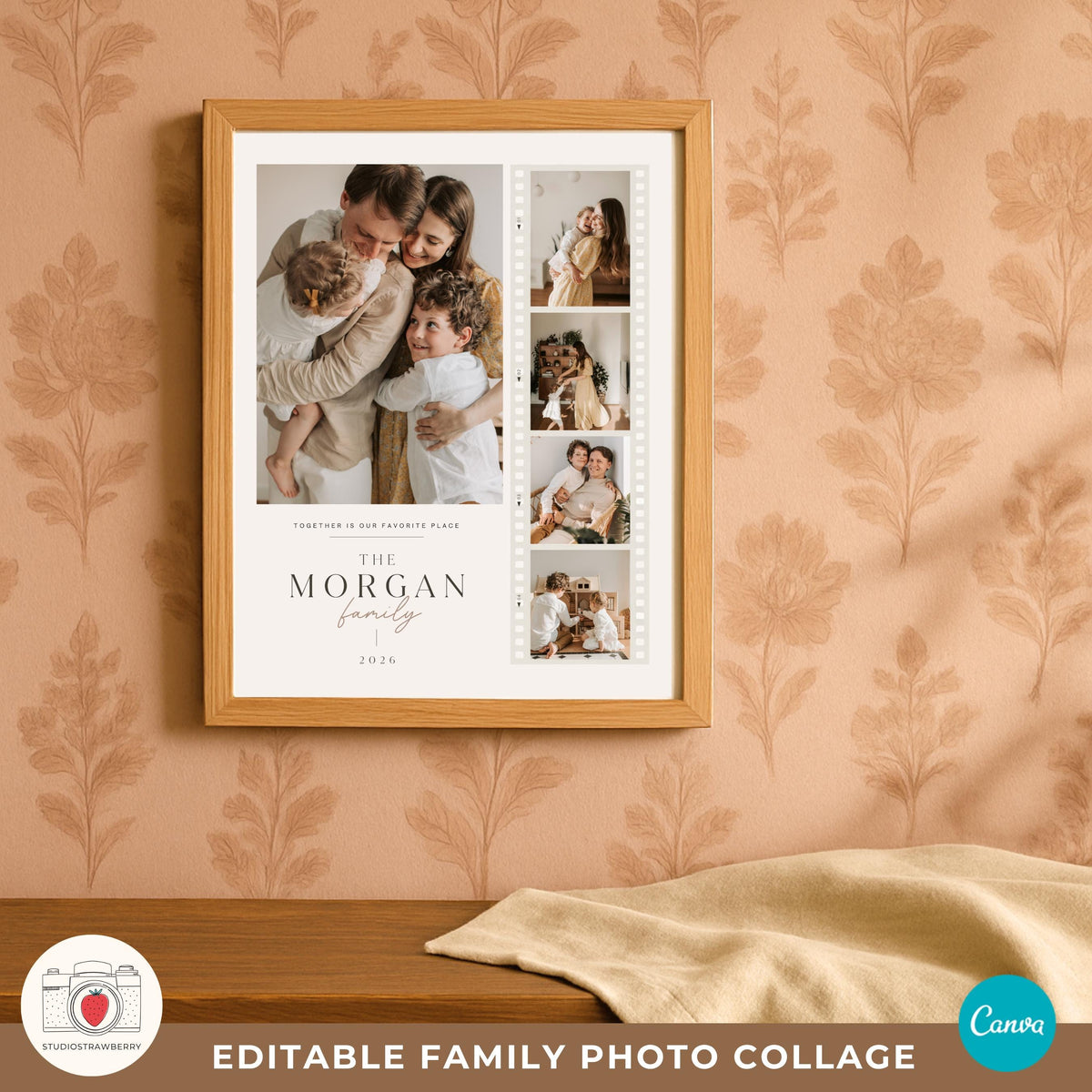Family photo poster template for creating custom family wall decor using multiple photographs and editable text.