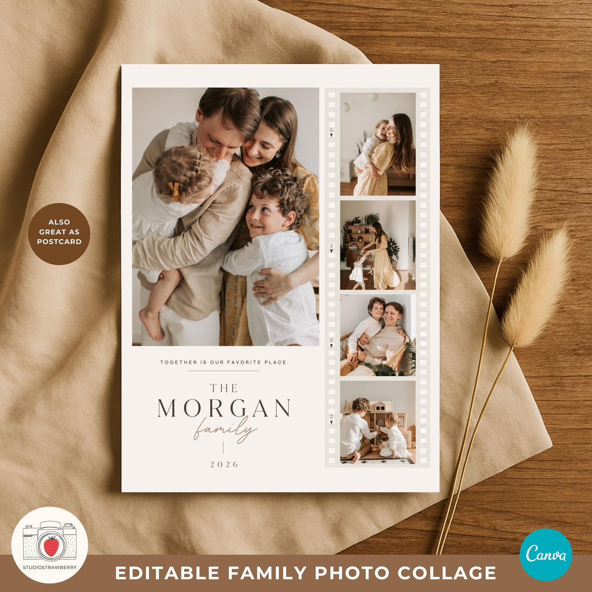 Filmstrip photo collage template with a clean modern layout for showcasing family memories throughout the year.