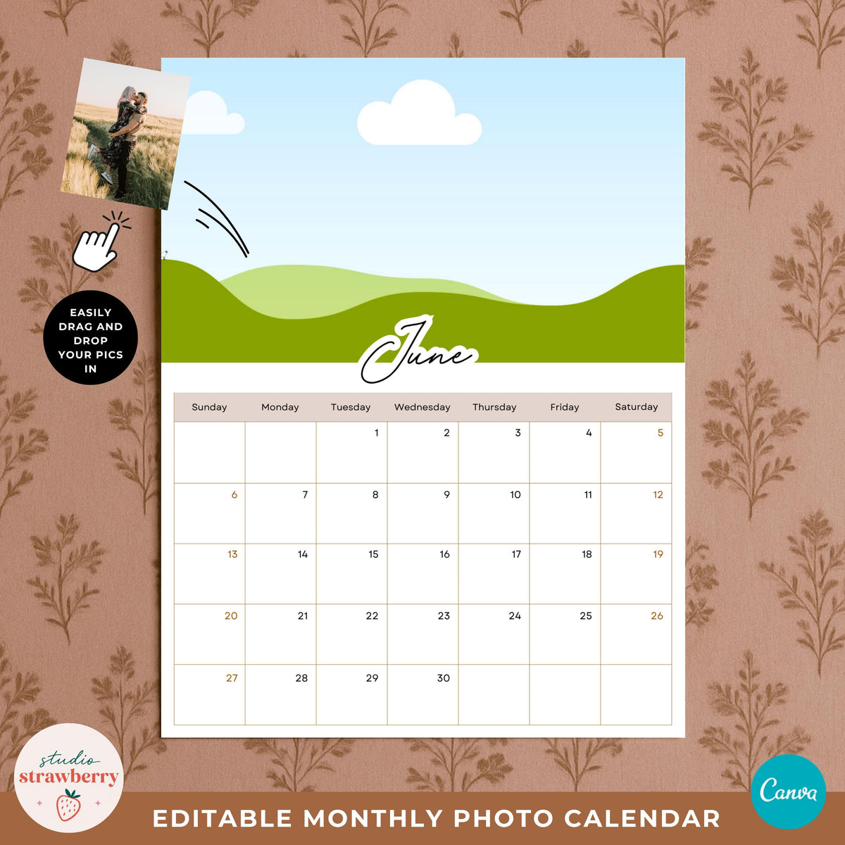 Printable family photo calendar with an editable picture area where users can add a favorite family, couple or personal photograph.