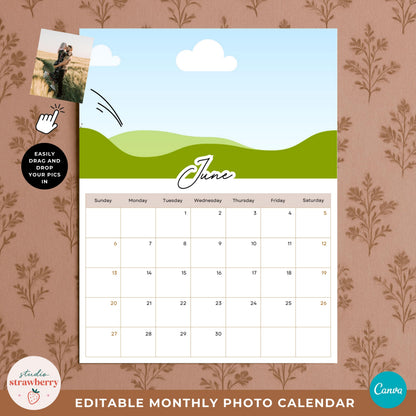 Printable family photo calendar with an editable picture area where users can add a favorite family, couple or personal photograph.