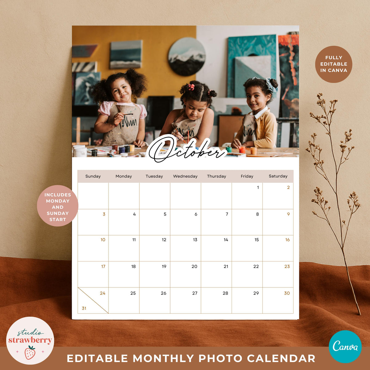 Custom family photo calendar October page with an editable photograph, script month title, colors and monthly calendar grid.
