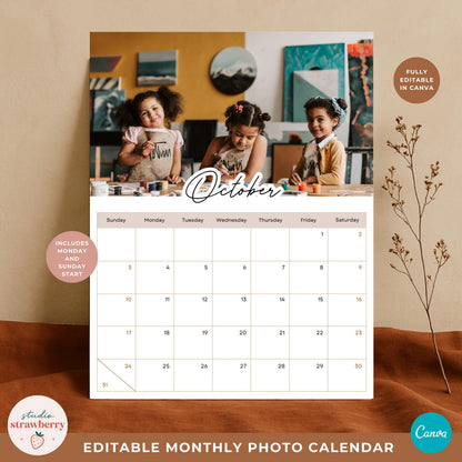 Custom family photo calendar October page with an editable photograph, script month title, colors and monthly calendar grid.