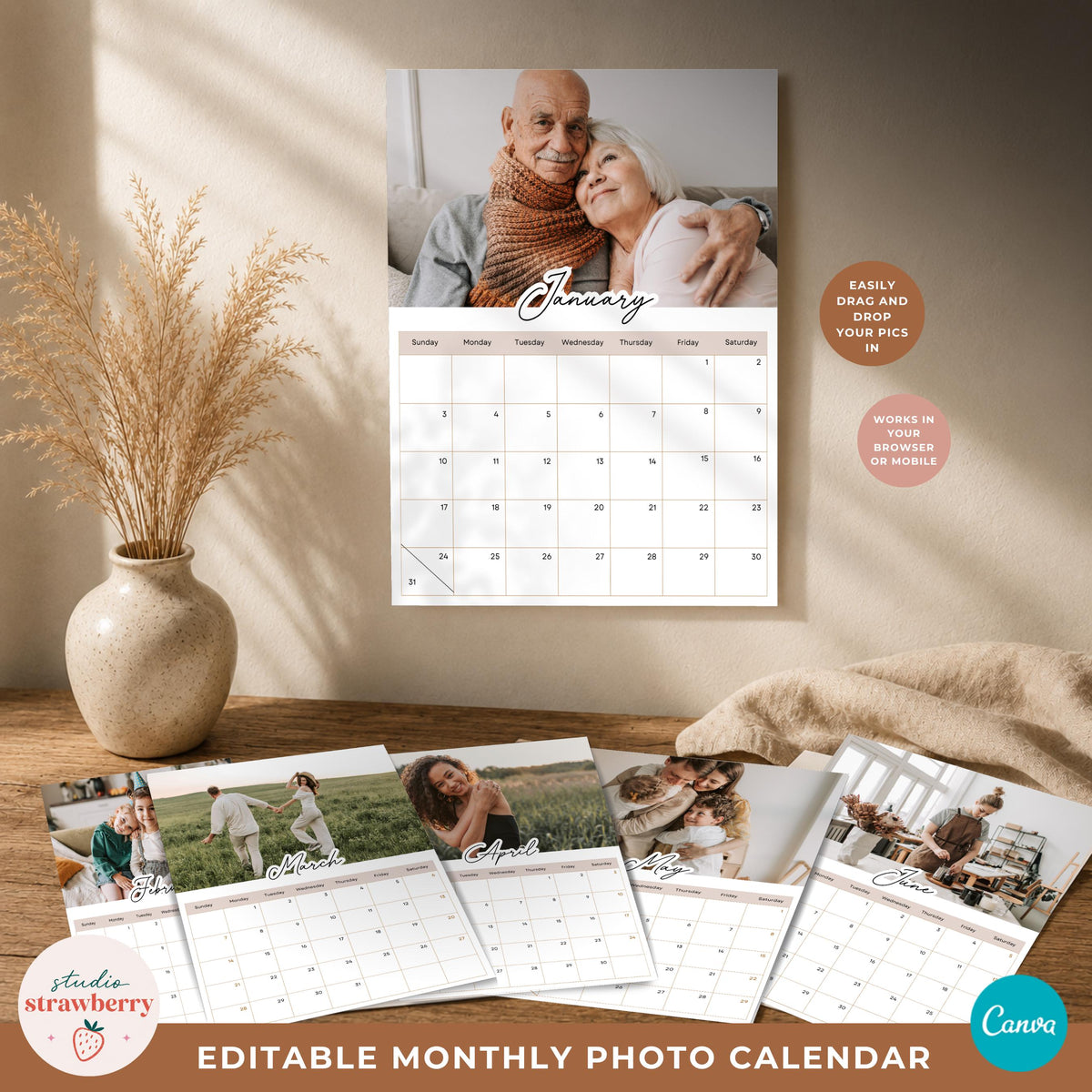 2027 photo calendar template displayed on a warm neutral wall with a January page and several coordinated monthly pages below.
