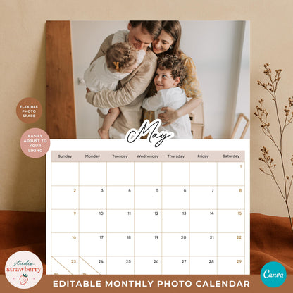 Family photo calendar May page with a large family picture, editable script month name and spacious monthly date layout.