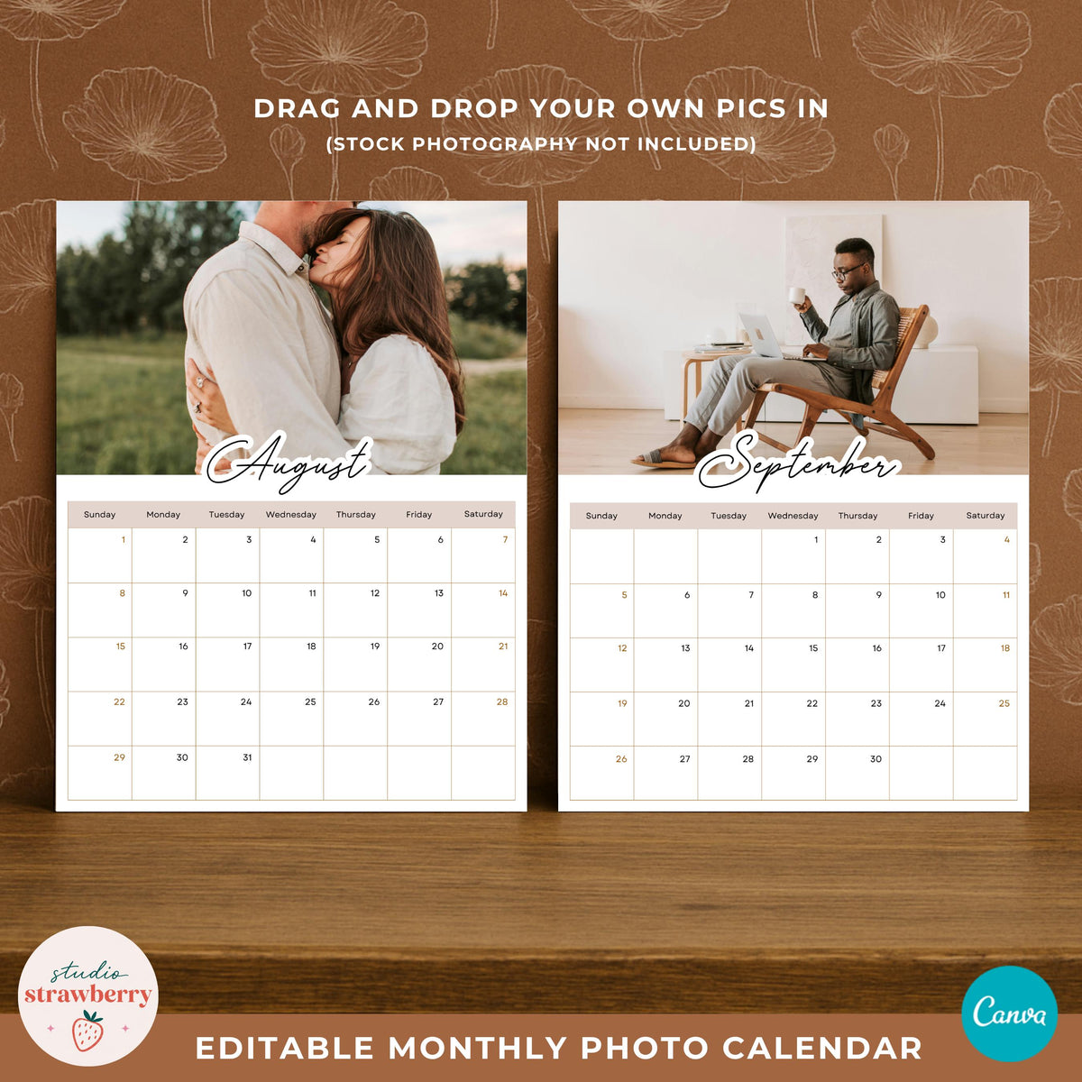 2027 calendar template with photos showing August and September pages side by side with different personal pictures.