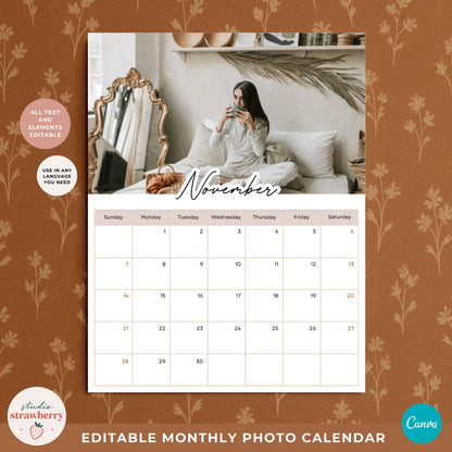 Personalized photo calendar template showing a November page with a large customizable image area and simple calendar layout.