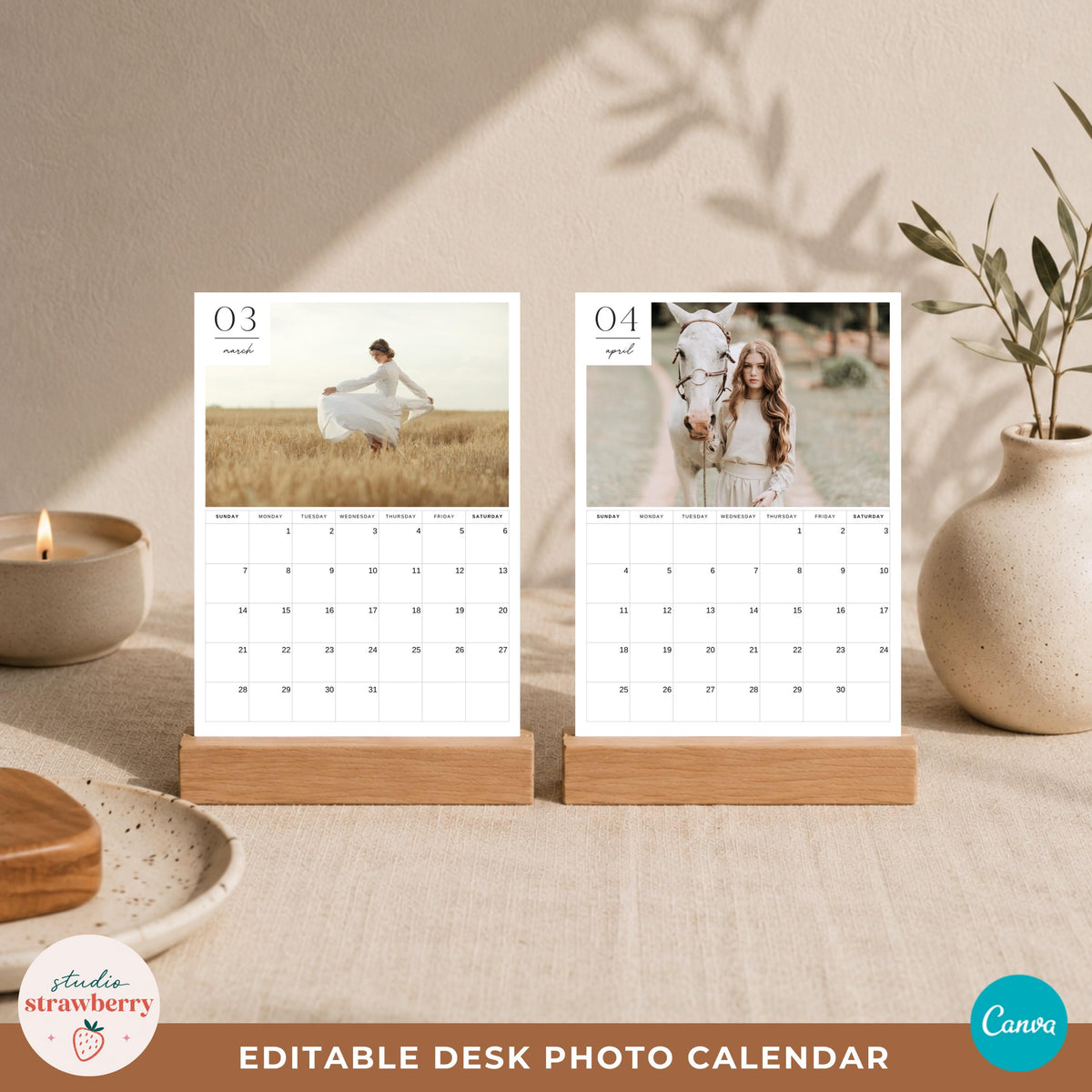 Two 5x7 photo calendar template pages standing side by side in wooden holders on a warm neutral desk.