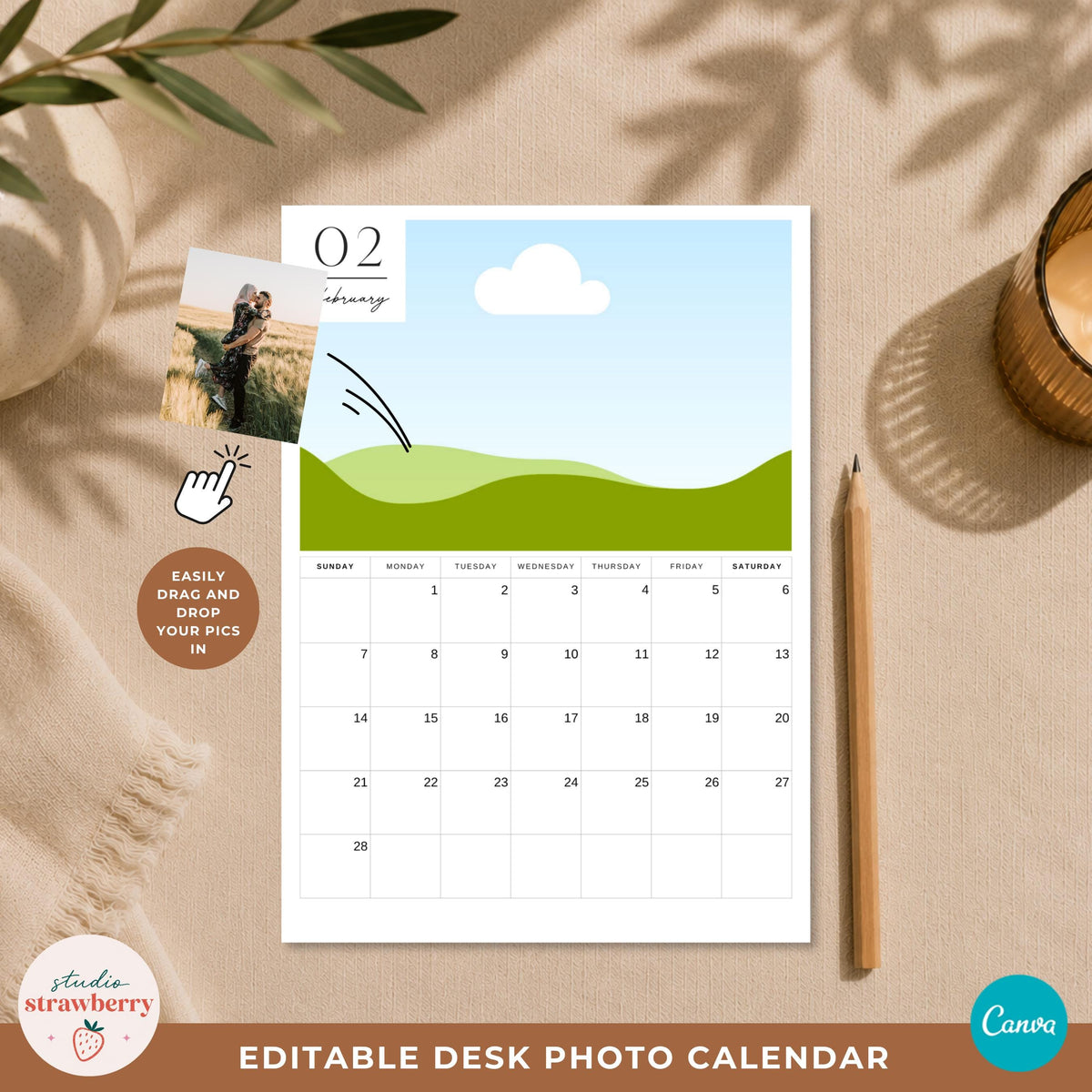 Flat lay of an editable 5x7 desk calendar with a photo placeholder, pencil and example image being added to the design.