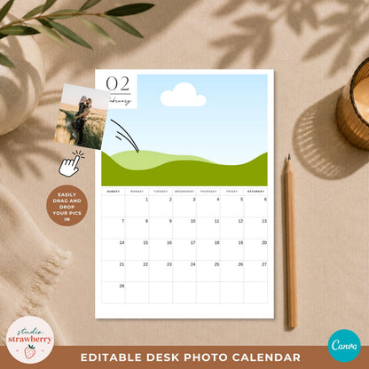 Flat lay of an editable 5x7 desk calendar with a photo placeholder, pencil and example image being added to the design.