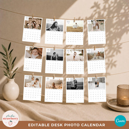 Full twelve month 2027 desk photo calendar template displayed on three rows of string with photo pages clipped in place.