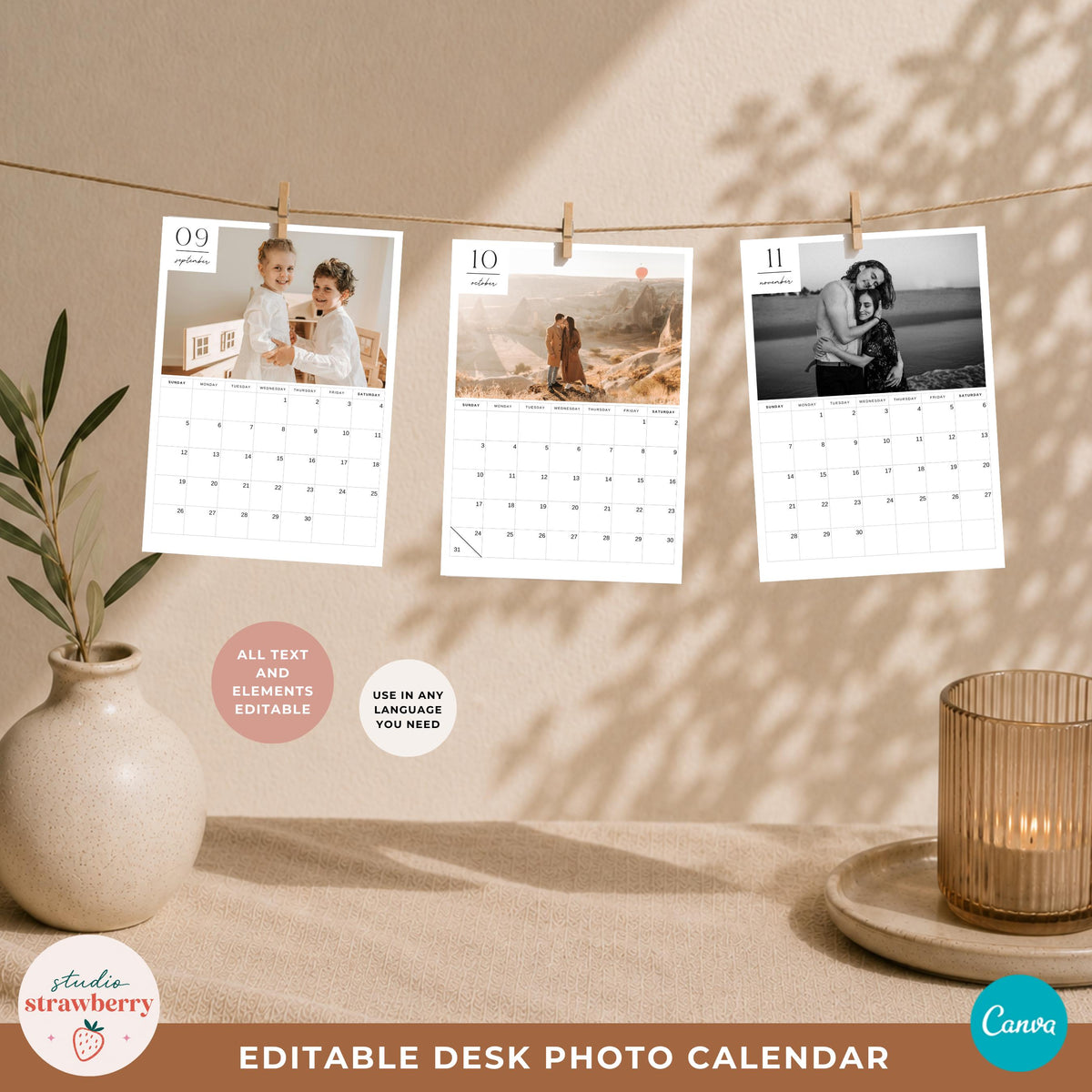 Three custom desk photo calendar pages for September, October and November clipped to a line in a neutral styled room.