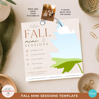Fall mini session Canva template showing how a photographer can add a photo into the autumn leaf-shaped frame.