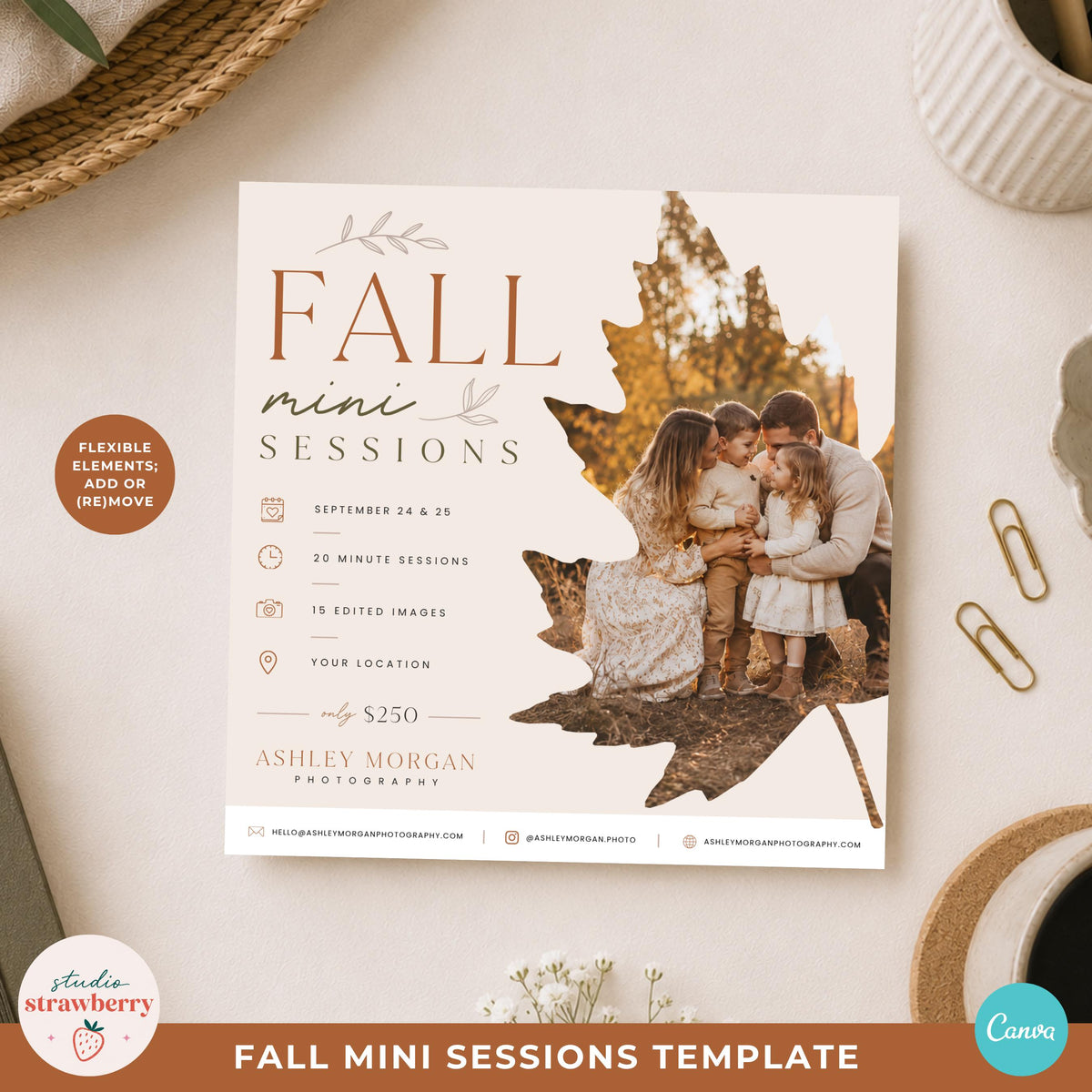 Fall mini session flyer template with editable session details, photographer branding and a large leaf-shaped photo frame.