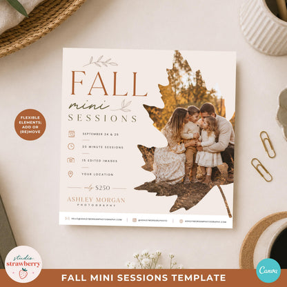 Fall mini session flyer template with editable session details, photographer branding and a large leaf-shaped photo frame.