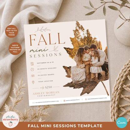 Fall mini sessions template for photographers shown in a warm autumn flat lay with editable text and a leaf-shaped family photo frame.