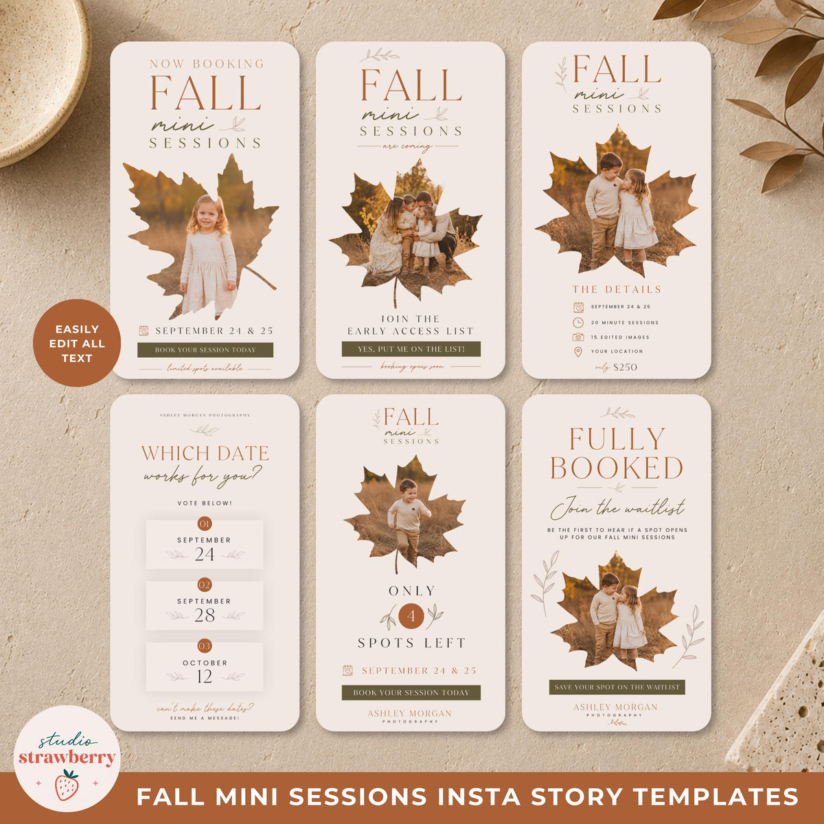 Six fall mini session Canva templates for photographers displayed together on a textured beige background.