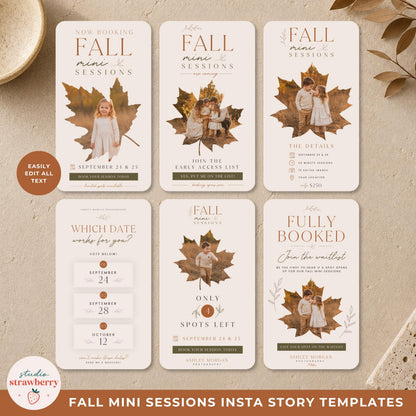 Six fall mini session Canva templates for photographers displayed together on a textured beige background.