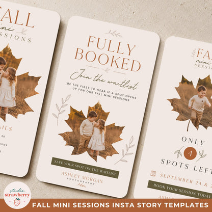 Close-up of a fall minis Instagram story template with a fully booked message and leaf-shaped family photo frame.