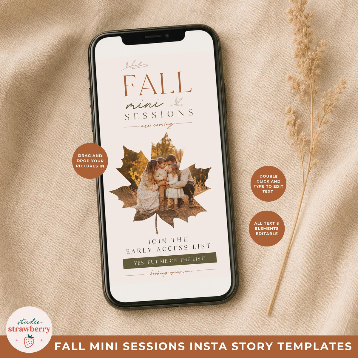 Phone mockup of a fall mini session Canva template for photographers with customizable text and a family photo area.