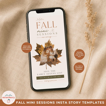 Phone mockup of a fall mini session Canva template for photographers with customizable text and a family photo area.